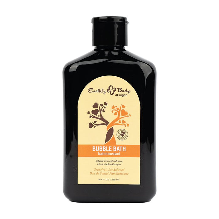 Black bottle of Earthly Body grape sandlewood bubble bath with a beige label on a white background