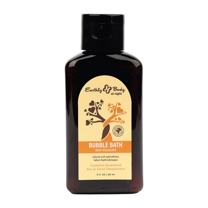 Bottle of Earthly & Body grape sandlewood bubble bath with a black cap on a white background
