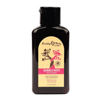 Black bottle of Earthly & Body wild pink rose bubble bath with a yellow label on a white background