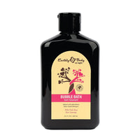 Black bottle of Earthly Body bubble bath wild pink rose with a yellow label on a white background