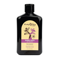 Bottle of Earthly body ylang ylang lavender bubble bath with a black cap on a white background
