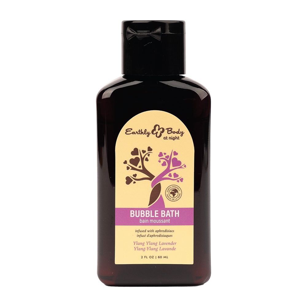 Bottle of Earthly body ylang ylang lavender bubble bath with a black cap on a white background