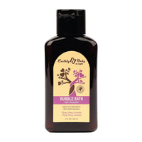 Bottle of Earthly body ylang ylang lavender bubble bath with a black cap on a white background