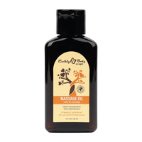 Black bottle of Earthly Body massage oil grapefruit sandalwood on a white background