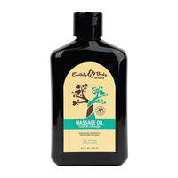 Black bottle of Earthly Body massage oil  sea jasmine with a beige label on a white background