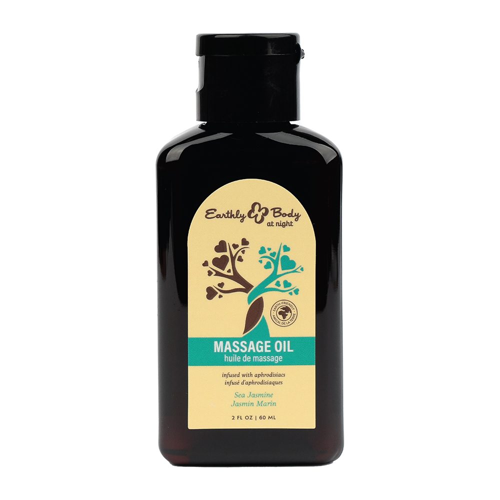 Black bottle of Earthly Body massage oil sea jasmine with a beige label on a white background