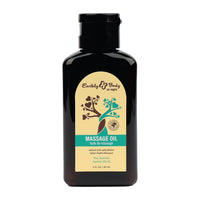 Black bottle of Earthly Body massage oil sea jasmine with a beige label on a white background