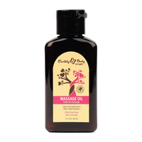 Massage oil bottle wild pink rose by earthly body with a black cap and yellow label on a white background