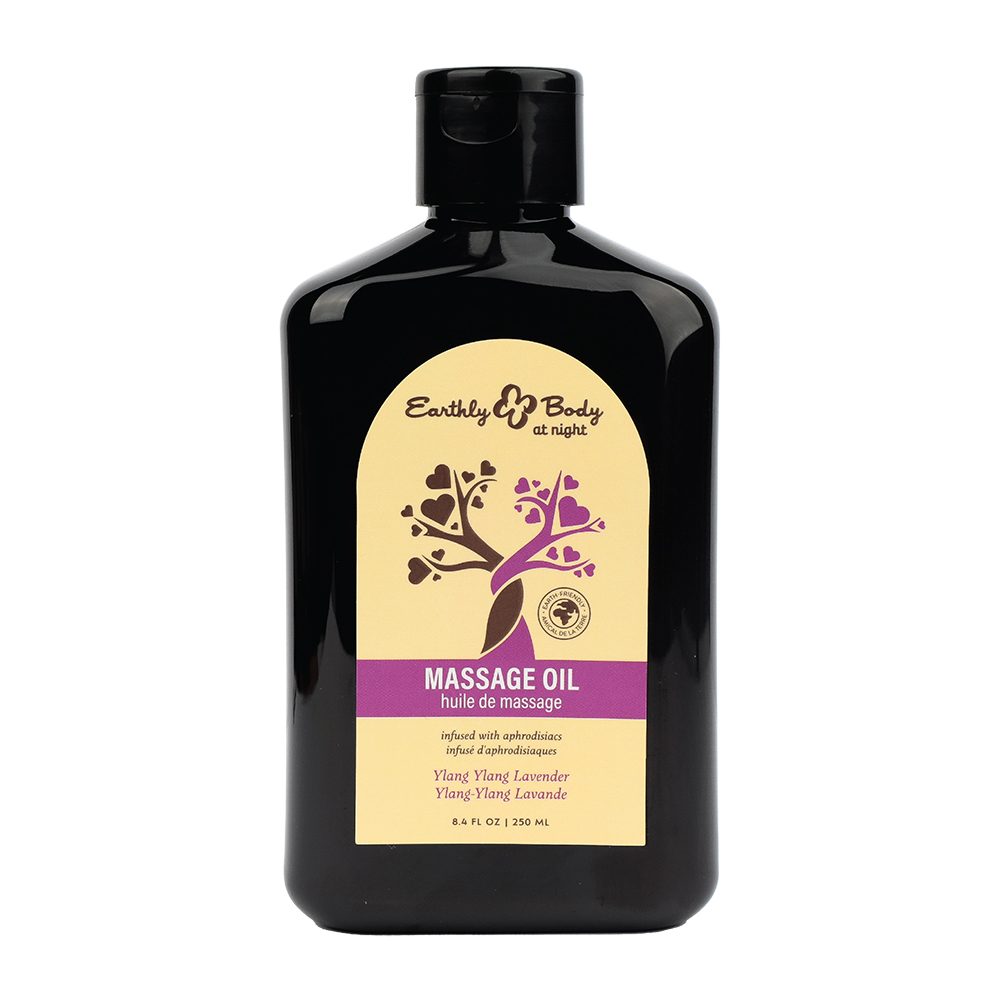 Black bottle of Earthly Body massage oil ylang ylang lavender on a white background