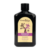 Black bottle of Earthly Body massage oil ylang ylang lavender on a white background