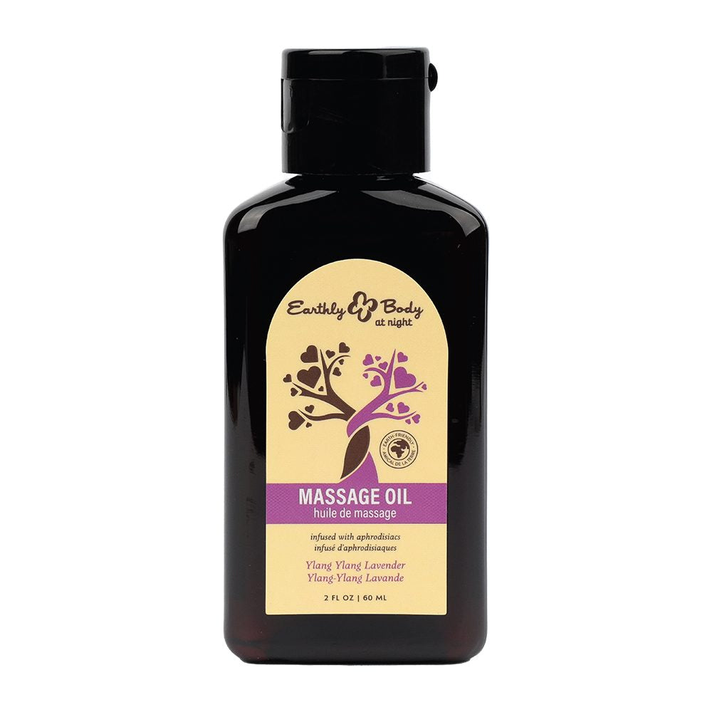 Black bottle of Earthly Body massage oil ylang ylang lavender on a white background