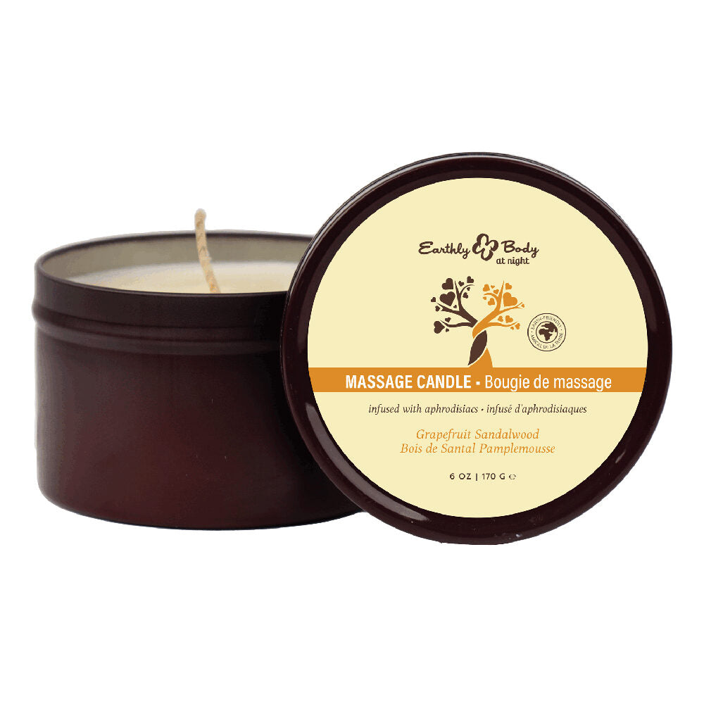 Massage candle grapefruit sandalwood with lid on a white background, featuring 'Earthly Body' branding.