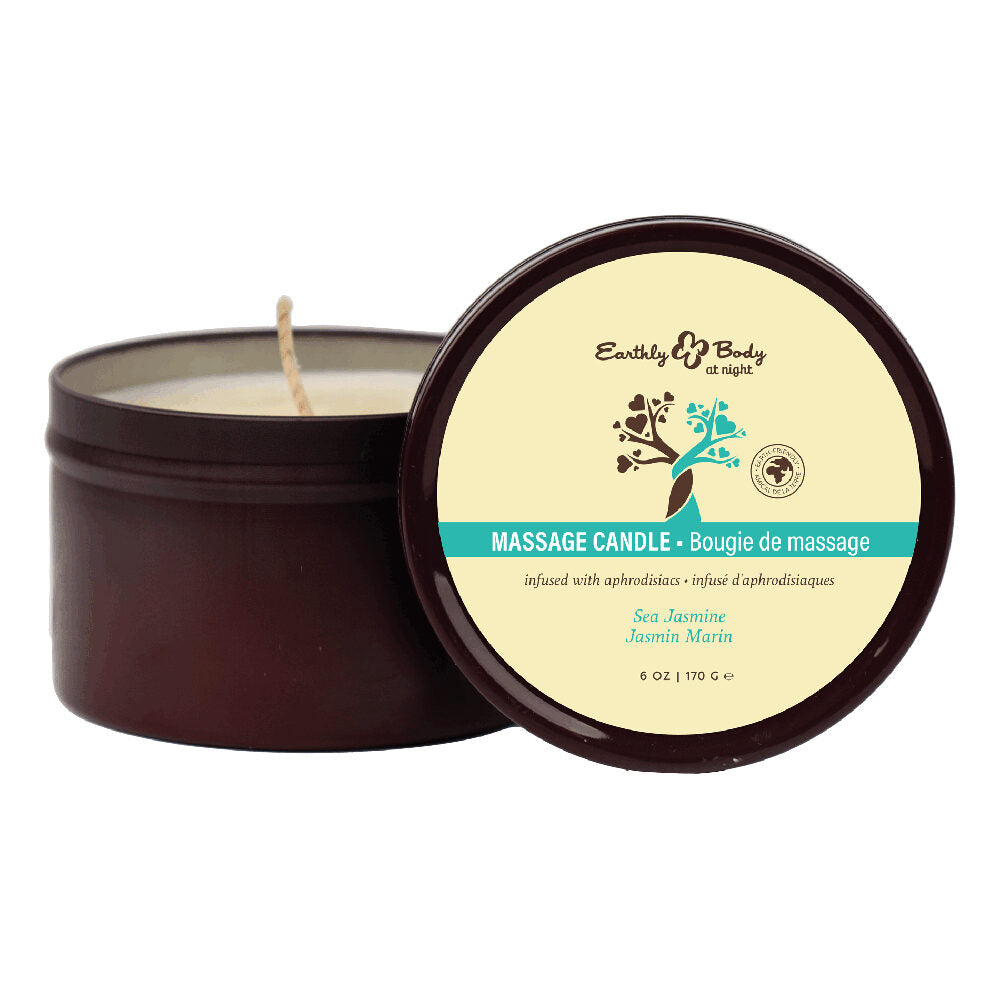 Massage candle sea jasmine with lid on a white background, featuring 'Earthly Body' branding.