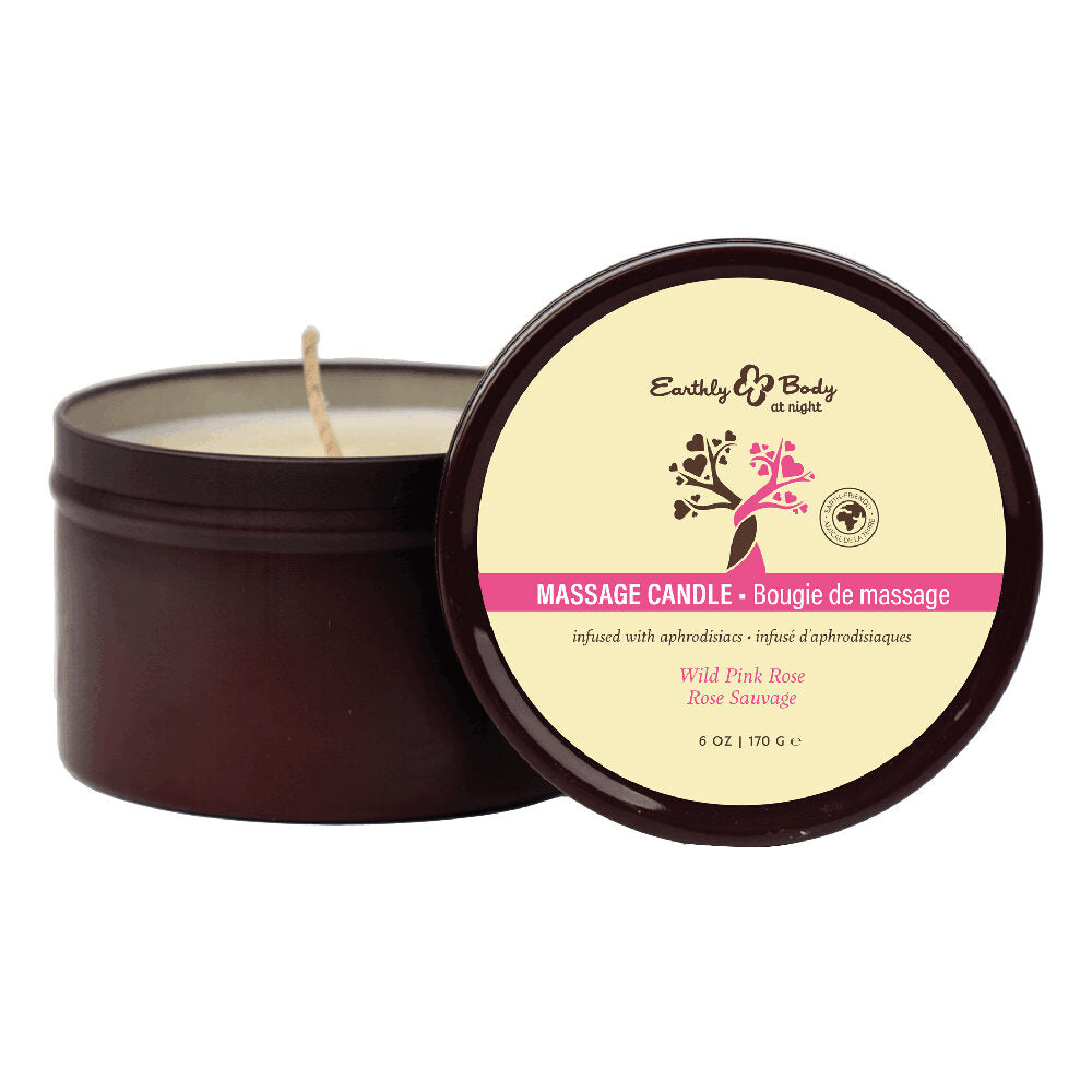 Massage candle wild pink rose with lid showing brand and product details on a white background