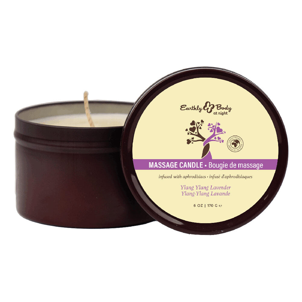 Massage candle earthly body ylang ylang lavender with lid on a white background