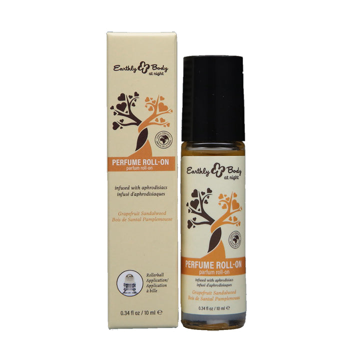Earthly Body at night Perfume Roll-on bottle and its matching beige packaging box, featuring a black cap and a botanical tree design with orange and brown accents.