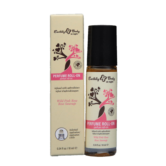 Earthly Body at night Perfume Roll-On bottle and its matching packaging box, featuring a Wild Pink Rose scent, on a plain white background.