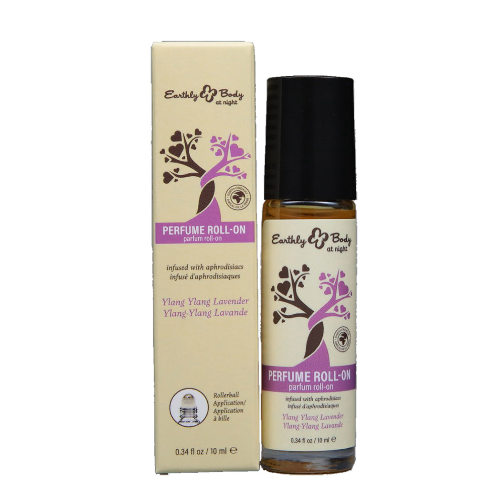 Earthly Body as night Perfume Roll-On in Ylang Ylang Lavender, shown with its beige and purple packaging box and the amber glass bottle with a black cap on a white background.