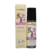 Earthly Body as night Perfume Roll-On in Ylang Ylang Lavender, shown with its beige and purple packaging box and the amber glass bottle with a black cap on a white background.