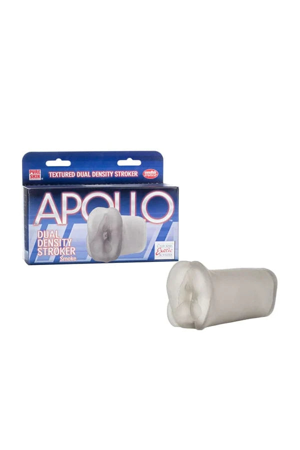 Apollo textured dual density stroker shown next to its blue and white retail packaging box on a plain white background.