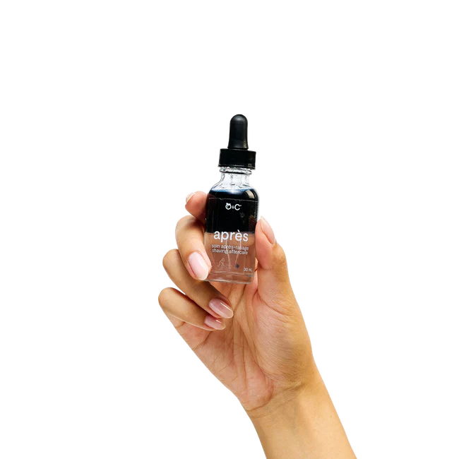 Hand holding a bottle of 'apres' with a dropper on a white background