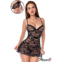 Woman wearing a black lace lingerie set with Mapale logo.