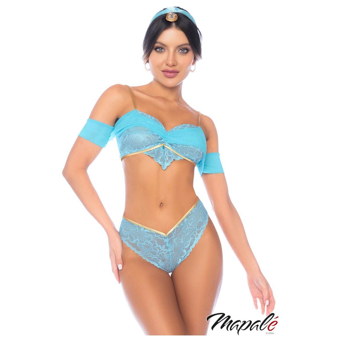 Woman wearing a blue lingerie set with 'Mapale' branding on a white background