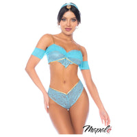 Woman wearing a blue lingerie set with 'Mapale' branding on a white background