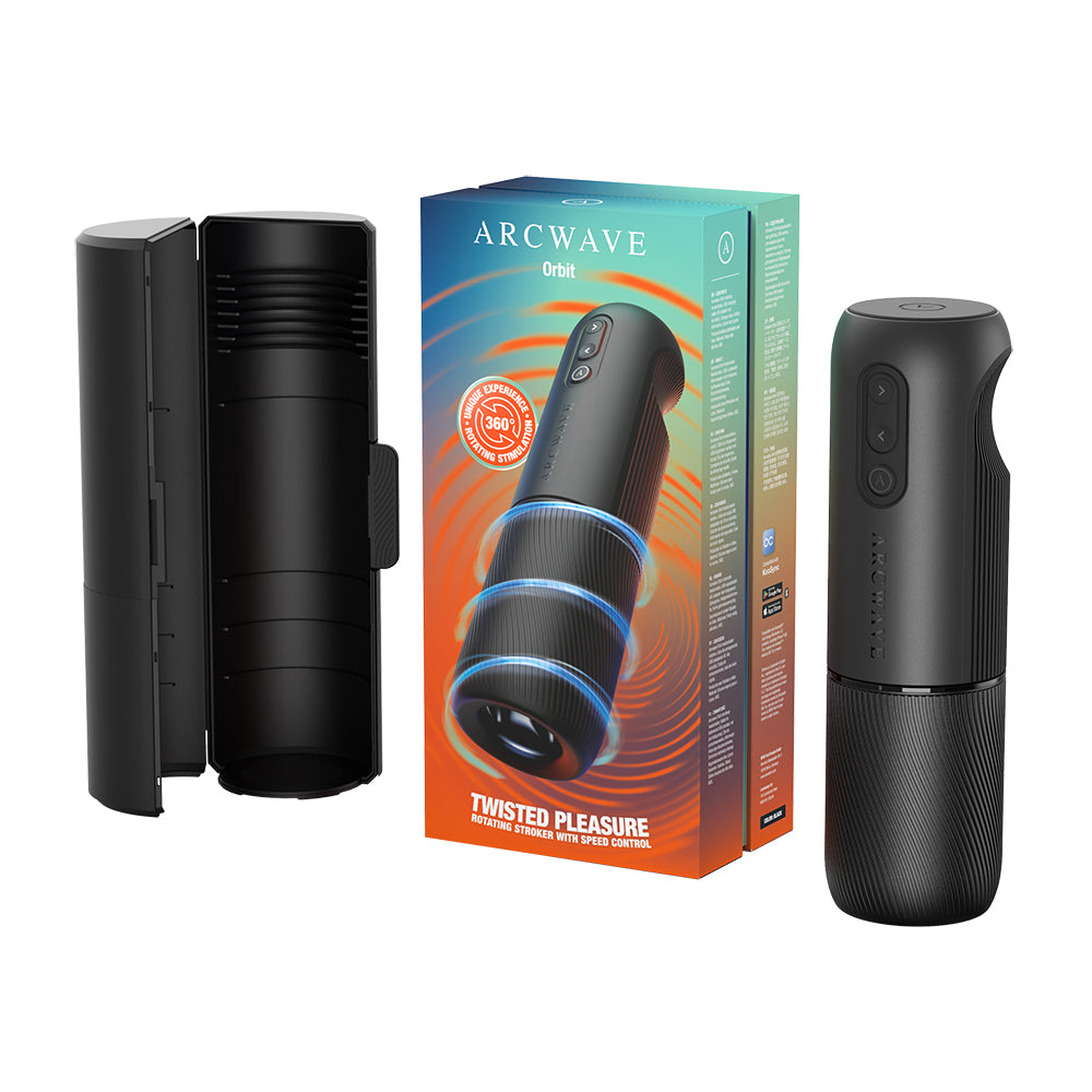 Arcwave Orbit automatic masturbator shown with its black cylindrical body, a black cylindrical accessory container, and the retail box on a white background.
