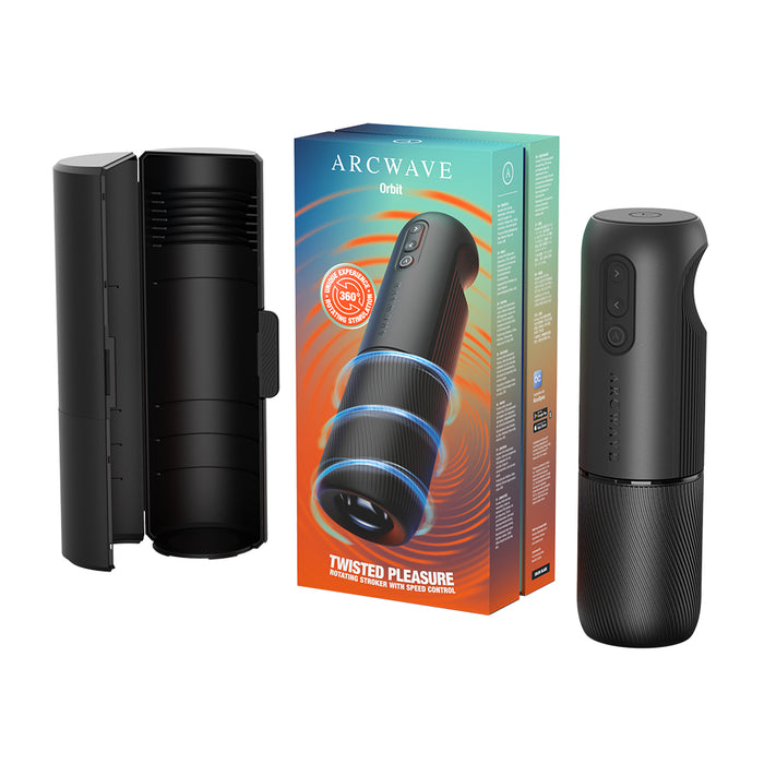 Arcwave Orbit automatic masturbator shown with its black cylindrical body, a black cylindrical accessory container, and the retail box on a white background.
