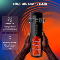 arcwave thruster held by hands with text about its smart and easy-to-clean features on a swirling orange and blue background.