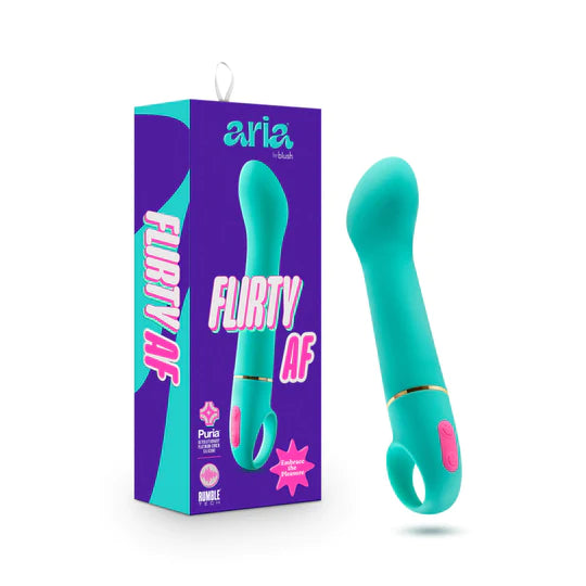 green sleek vibrator with bulbed curved head and finger ring 