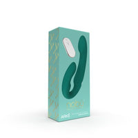 Teal packaging box for arke strapless strap on with 'nobu' branding on a white background