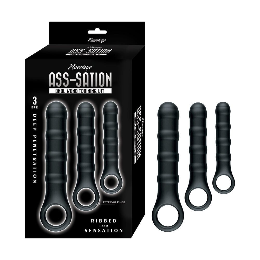 Black anal training wands set with packaging labeled 'ASS-SATION' on a white background.