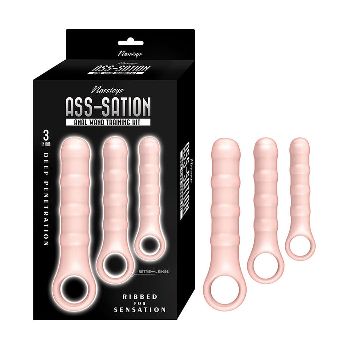 beige anal training wands with packaging labeled 'ASS-SATION' on a white background