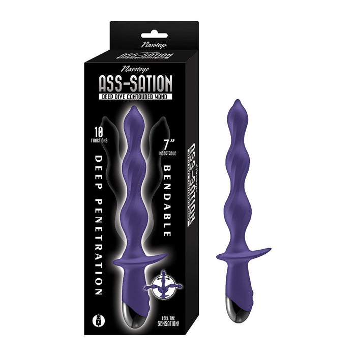 Purple and black vibrating deep dive anal plug  product with packaging on a white background