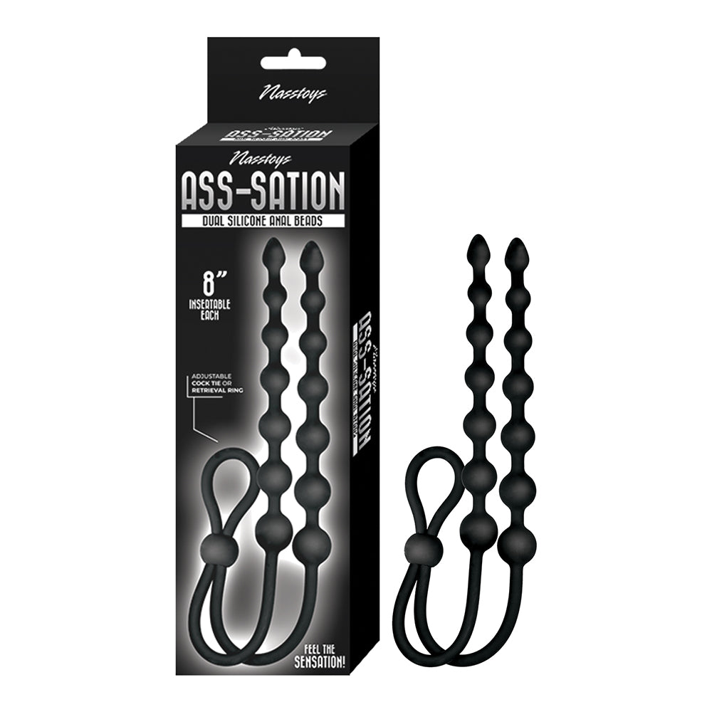 double ended silicone anal beads with pull ring in black beside box packaging