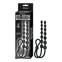 double ended silicone anal beads with pull ring in black beside box packaging