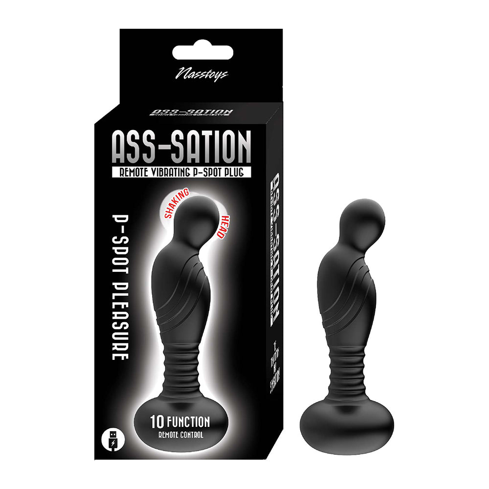 bulbed shape head with ridged body and bottom base remote control vibrating p spot anal plug beside box packaging in black