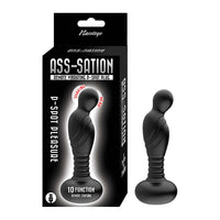 bulbed shape head with ridged body and bottom base remote control vibrating p spot anal plug beside box packaging in black