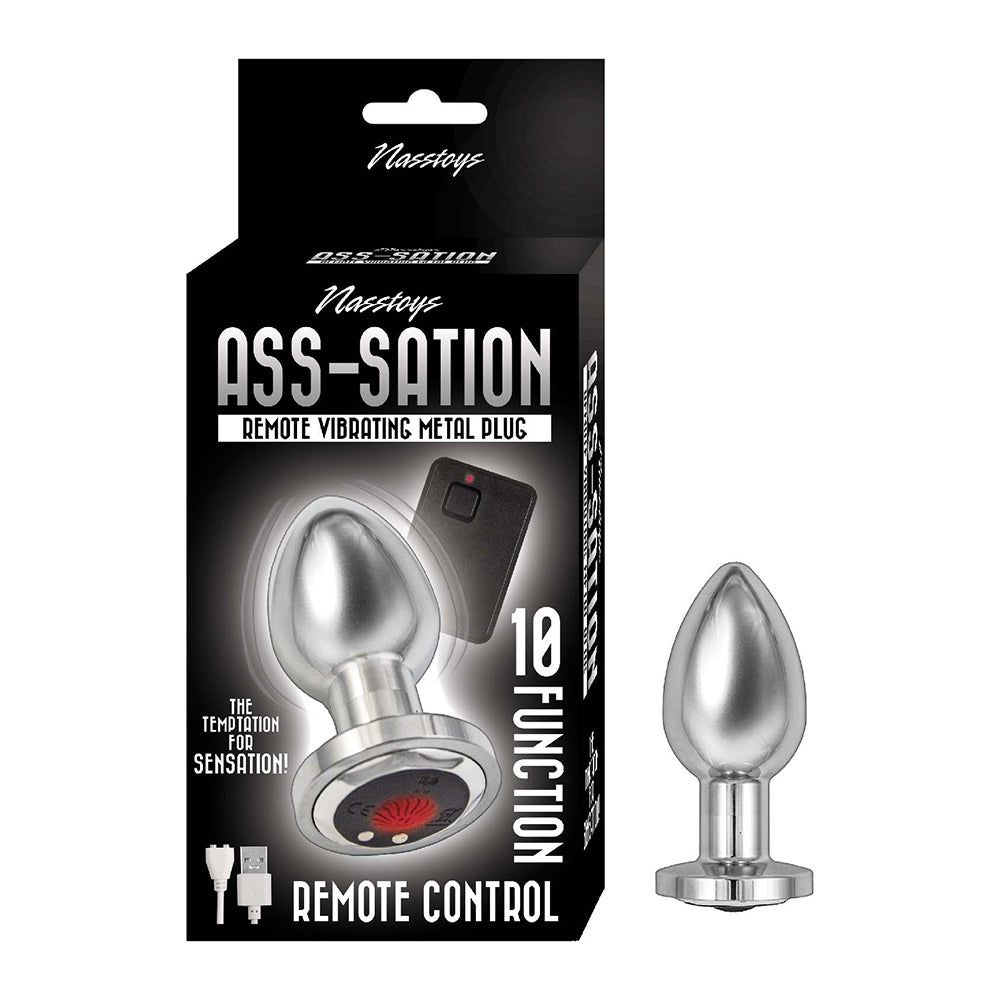 vibrating metal anal plug with remote control in silver beside box packaging
