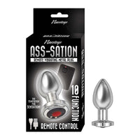 vibrating metal anal plug with remote control in silver beside box packaging