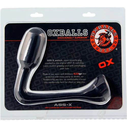 black anal plug with attached cock ring in plastic packaging
