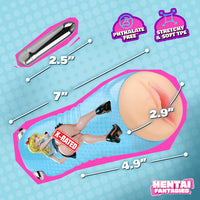 Product with measurements and features on a blue background, featuring 'Hentai Fantasies' branding.