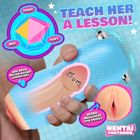 stroker with realistic design labeled 'Ultra Realistic Toy Pussy' on a colorful background with text.