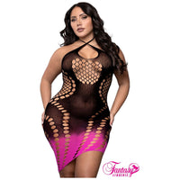 plus size female wearing Very stretch ombré black & pink fitted dress with an asymmetrical hem, multiple slimming keyhole cutouts and a criss-cross tie-neck collar. front view