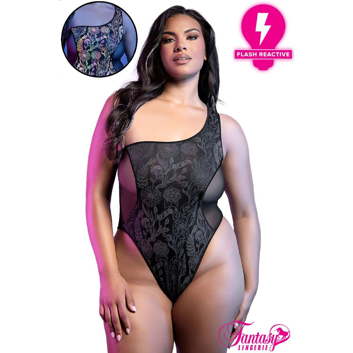 Model wearing a colorful one-piece teddy with floral patterns against a blue background.