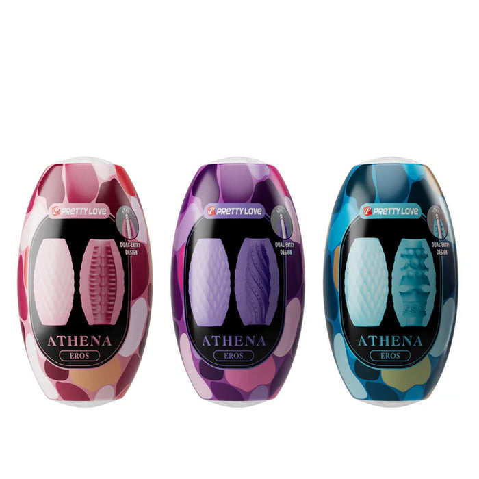 Three colorful packaging of Athena Eros egg masturbator by Pretty Love on a white background