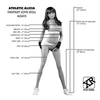 Measurement chart of a fantasy love doll with labeled dimensions on a white background.