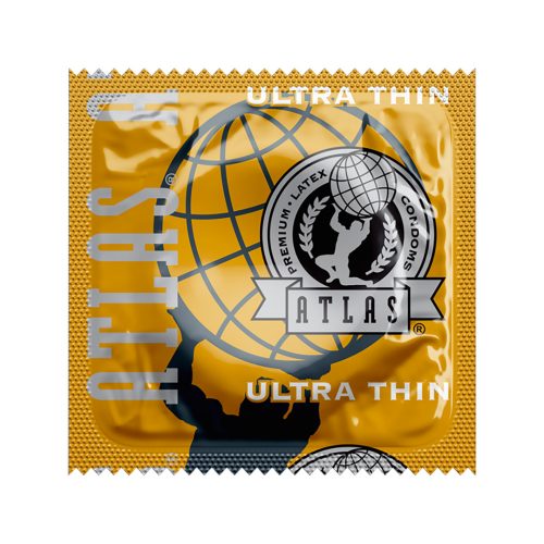 Yellow packaging of Atlas ultra thin condoms with brand logo.